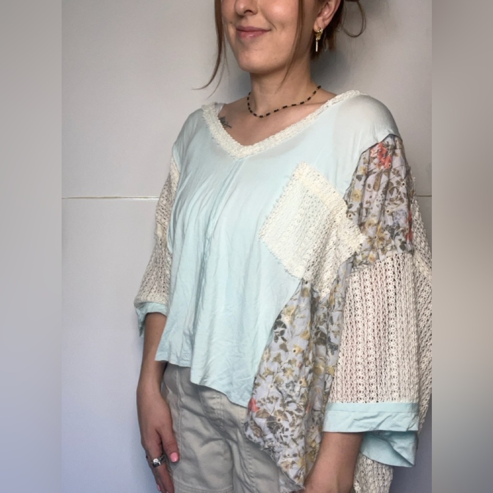 POL Patchwork Lace Boho Top Medium Cottagecore Flowy Festival Blouse